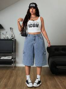 SHEIN ICON Plus Size Women Loose Straight Distressed Blue Cargo 3/4 Jeans With Large Pockets - Medium Wash - View 3