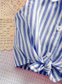 SHEIN Babygirl 可爱百搭条纹扭结无袖上衣，夏季 - 藍白色 - 查看 4