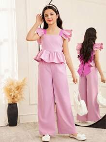 SHEIN Set de 2 piezas con camisa y pantalones de niña preadolescente en estilo informal con patchwork, color contrastante y volantes - Rosa - Ver 4