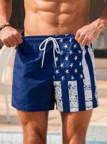 Manfinity Swimmode Men's American Flag Print Drawstring Waist Beach Shorts, Summer - Navy Blue - View 5