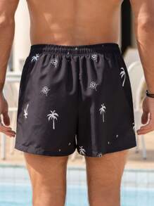 Manfinity Swimmode Men's Summer Vacation Coconut Tree Print Drawstring Waist Beach Shorts - Black - View 2