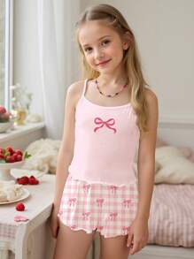 SHEIN Tween Girl Casual Plaid Bow Design Slim-Fit Camisole Top And Shorts Pajamas Set, Suitable For Summer