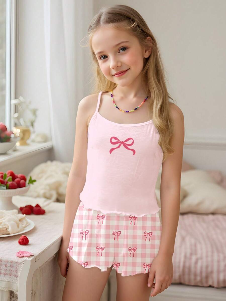 SHEIN Tween Girl Casual Plaid Bow Design Slim-Fit Camisole Top And Shorts Pajamas Set, Suitable For Summer
