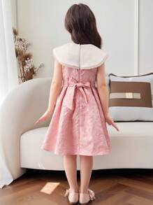 Young Girl Pearl Decor Large Lapels Patchwork Patchwork Floral Jacquard Midi A-Line Dress, Shawl Neck, Cake Dress, Flower Girl, Cute & Elegant & Sweet & Vintage & Fashionable. Mom And Daughter & Sisters Matching, Family Vacation, Daily Wear, Home Family Gatherings And Special Occasions, Sibling Outfits, Gorgeous Princess, Party Wear, For Birthdays, Spring/Summer. - Pink - View 6