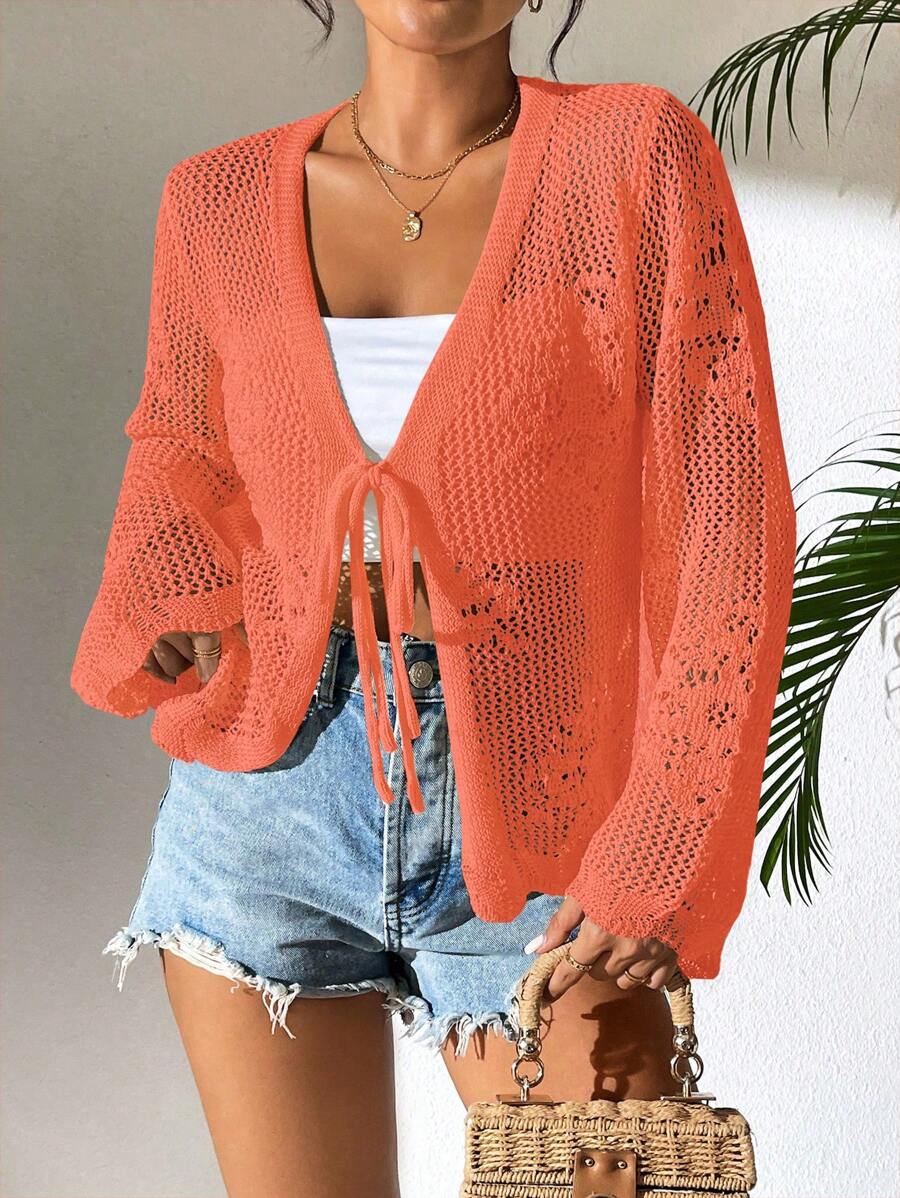 Breezaya Áo len cardigan dệt kim rỗng màu trơn đơn giản cho kỳ nghỉ - trái cam - Xem 1