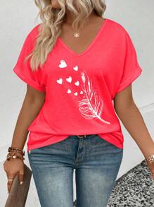 SHEIN VCAY Women's V-Neck Cuff Feather Print Casual Plus Size T-Shirt - Red - View 4
