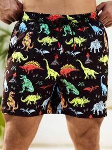Manfinity VDAYZ Men's Cartoon Dinosaur Print Pocket Drawstring Waist Beach Shorts, Suitable For Summer - Black - View 5