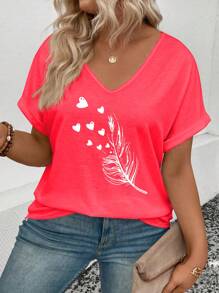 SHEIN VCAY Women's V-Neck Cuff Feather Print Casual Plus Size T-Shirt - Red - View 6