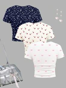 SHEIN 3 件套青少年女孩休闲蝴蝶结、樱桃、碎花圆领褶饰修身短袖 T 恤套装 - 彩色 - 查看 2