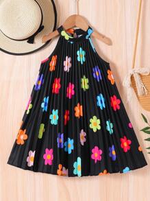 SHEIN Young Girl Woven Ditsy Floral Pattern Snug Fit Sleeveless Casual Dress - Black - View 2