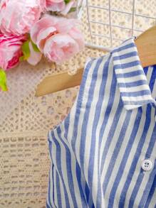 SHEIN Babygirl 可爱百搭条纹扭结无袖上衣，夏季 - 藍白色 - 查看 7
