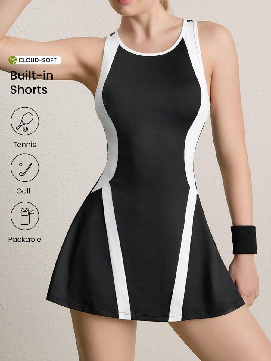 CourtClass 女士纯色拼接圆领无袖短款运动连衣裙，运动连衣裙