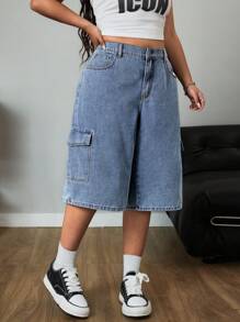 SHEIN ICON Plus Size Women Loose Straight Distressed Blue Cargo 3/4 Jeans With Large Pockets - Medium Wash - View 4