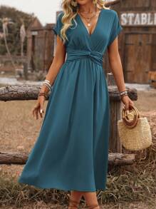 EMERY ROSE 女式波西米亚度假风格褶皱收腰打结落肩喇叭袖中长连衣裙，休闲夏季