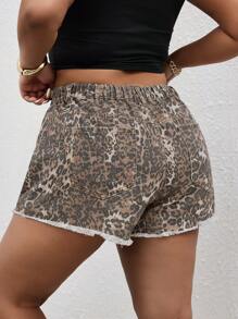 SHEIN EZwear Plus Size Women Leopard Print Casual Denim Shorts, Street Style