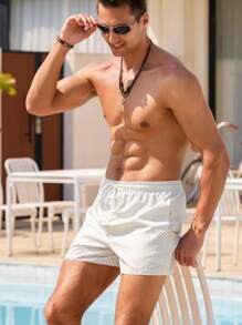 Manfinity Swimmode Men's Summer Full Print Drawstring Waist Beach Shorts, Hawaiian - Khaki - View 7