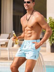 Manfinity Swimmode Men's Coconut Tree Print Beach Shorts With Drawstring Waist, Summer, Hawaiian