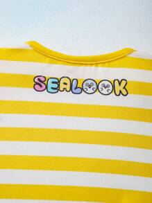 SEALOOK X SHEIN 女婴菠萝印花黄色条纹短袖可爱连体衣 - 黃色 - 查看 3