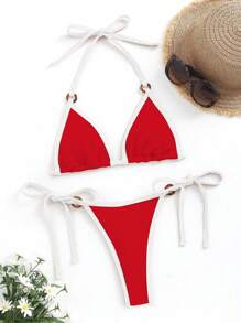 Swim Vcay 女士夏季沙滩系带性感抹胸比基尼两件套泳衣套装 - 紅色 - 查看 1
