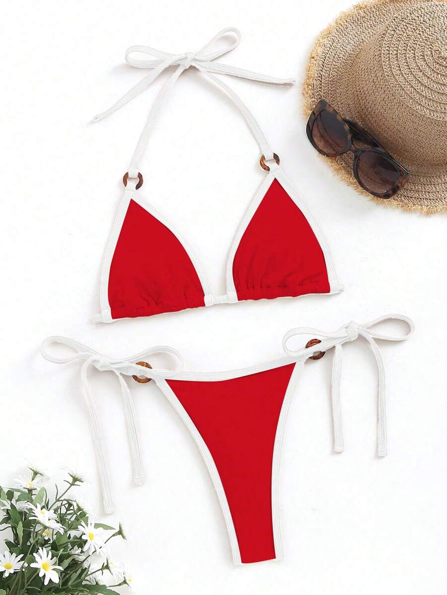 Swim Vcay 女士夏季沙滩系带性感抹胸比基尼两件套泳衣套装 - 紅色 - 查看 1
