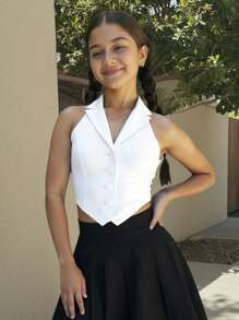 SHEIN Blusa sin mangas de chaleco con cuello para niñas preadolescentes en color blanco puro