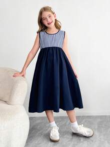 SHEIN Leap Crew Tween Girls' Bowknot Back Striped Color Block Sleeveless Dress - Navy Blue - View 7