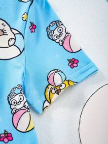 SEALOOK X SHEIN Conjunto de 2 piezas para niño pequeño con camiseta azul con diseño de foca y estrella de mar del mundo acuático y shorts de rayas azules y blancas para playa de verano - Azul - Ver 4