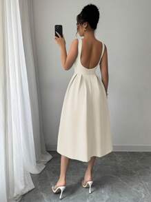 Elenzga Váy midi chữ A trễ vai thanh lịch cho nữ, thích hợp để đi làm, trà chiều, tiệc tùng, mùa xuân/hè - Màu be - Xem 2