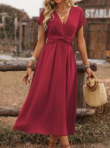 EMERY ROSE Women's Cross Shirred Cinched Waist Knot Back Drop Shoulder A-Line Midi Dress, Casual Boho Vacation Style, Spring/Summer