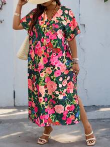 Breezaya Đầm thường ngày họa tiết hoa ngẫu nhiên cổ chữ V tay cánh dơi cỡ lớn cho nữ - Nhiều màu - Xem 4