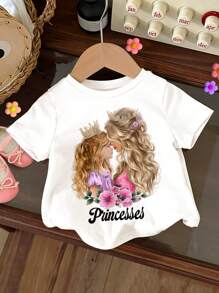 SHEIN Mother-Daughter Matching Set, QUEEN&PRINCESS Graphic Design, Young Girl Casual Minimalist Round Neck Short Sleeve T-Shirt, Suitable For Summer - Multicolor - View 3