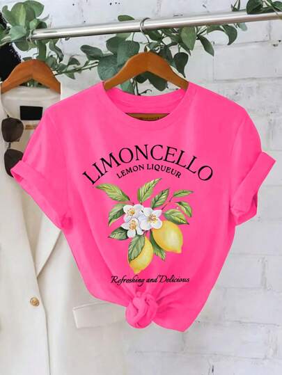 SHEIN LUNE Plus Size Summer Casual Lemon & Letter Print Round Neck Short Sleeve T-Shirt