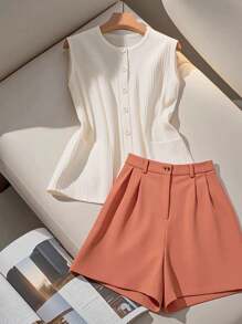 GlowEve 2pcs Knitted Round Neck Sleeveless Vest And Shorts Set For Women - Multicolor - View 1