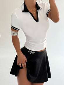Dewbera Camisa polo deportiva de mujer de unicolor con parches, de manga corta y ajustada