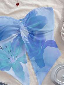 Soleia Vacation Style Orange Tropical Floral & Blue Hibiscus Tie Dye Pattern Twist Asymmetrical Hem Women Blouse, Suitable For Spring/Summer Holiday,Rave Top Suitable For Going Out - Baby Blue - View 5