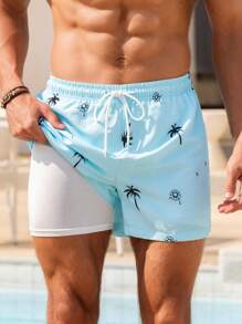 Manfinity Swimmode Men's Coconut Tree Print Beach Shorts With Drawstring Waist, Summer, Hawaiian