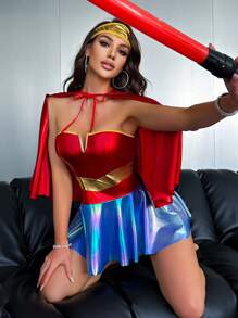 Fantasy Costume 3 件套深 V 人造皮革连衣裙 + 头饰 + 披肩，修身拼接，派对，化妆舞会服装，女士 - 紅色 - 查看 4