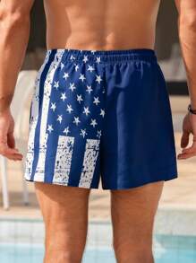 Manfinity Swimmode Men's American Flag Print Drawstring Waist Beach Shorts, Summer - Navy Blue - View 2