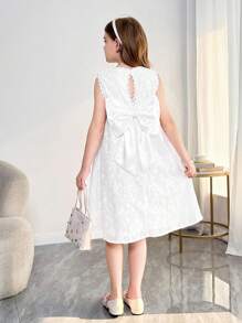 SHEIN Tween女孩鏤空蝴蝶結裝飾圓領無袖刺繡洋裝 - 白色 - 查看 3