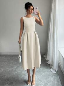 Elenzga Váy midi chữ A trễ vai thanh lịch cho nữ, thích hợp để đi làm, trà chiều, tiệc tùng, mùa xuân/hè - Màu be - Xem 3