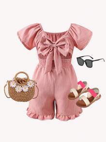Young Girl 3D Bow Backless Jumpsuit, Off Shoulder & Conventional Styles - Pink - View 7