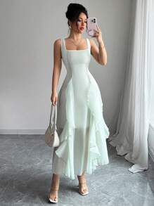 Selianne 新款宽肩女式绿色网眼荷叶边下摆轻便休闲连衣裙，漂亮优雅轻便优质度假婚礼宾客派对节日装，修身修身 - 綠色 - 查看 4