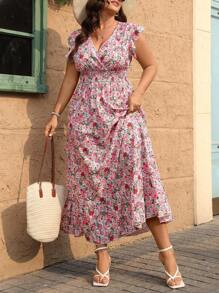 SHEIN Clasi Plus Size Flower Printed Shirred Swing Casual Summer Holiday Dress Maxi Women Outfit - Multicolor - View 5