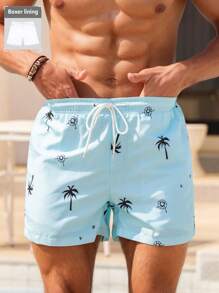 Manfinity Swimmode Men's Coconut Tree Print Beach Shorts With Drawstring Waist, Summer, Hawaiian