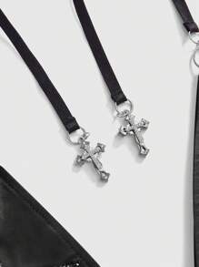 ROMWE Y2K 节日垃圾摇滚 2000 年代星形水钻装饰浅粉色比基尼上衣 - 黑色 - 查看 3