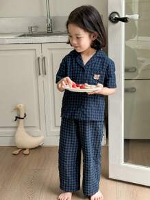 SHEIN 年轻女孩休闲补丁松鼠印花翻领补丁短袖 T 恤和睡衣长裤套装，舒适宽松梭织 - 藏蓝色 - 查看 3