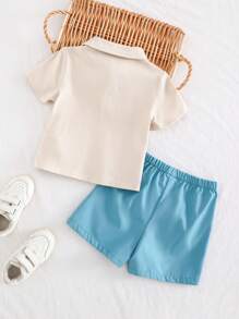 Cozy Pixies 2pcs/Set Baby Boy Cartoon Animal Pattern Polo Collar Short Sleeve Top And Casual Shorts Set
