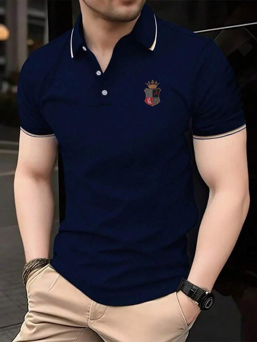 男士夏季休闲刺绣细节短袖 Polo 衫 - 藏蓝色 - 查看 1