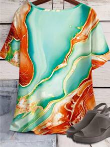 SHEIN LUNE Plus Size Loose Regular Crew Neck Short Sleeve Marble Print T-Shirt - Multicolor - View 2