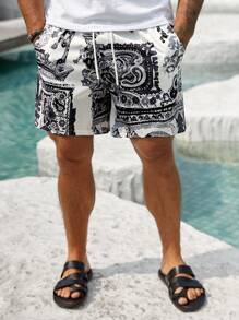 Manfinity Swimmode Men's Summer Vacation Paisley Print Drawstring Waist Beach Shorts, Hawaiian